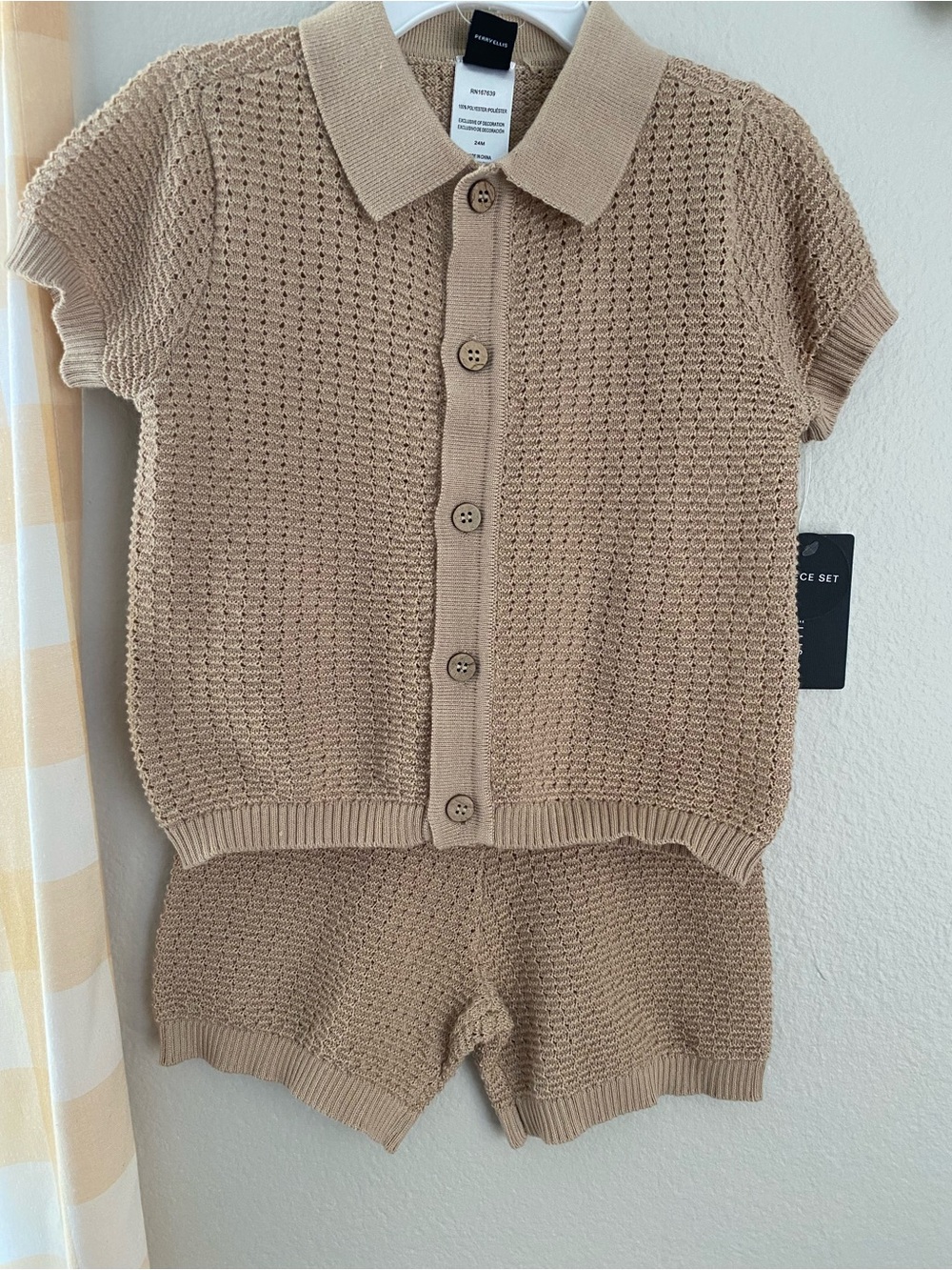 Perry Ellis Beige Open-Knit Polo Cardigan